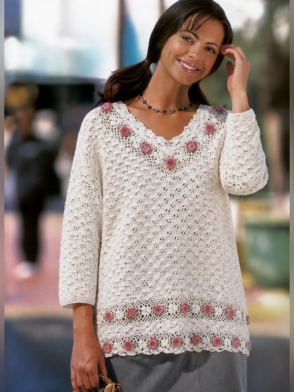 Vintage Hand Knit Cottage Granny Core Shabby Chic Rose Sweater Cotton Blend *P